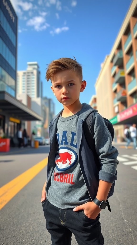 A boy with an asymmetrical Edgar haircut in an urban setting, showcasing a stylish look.