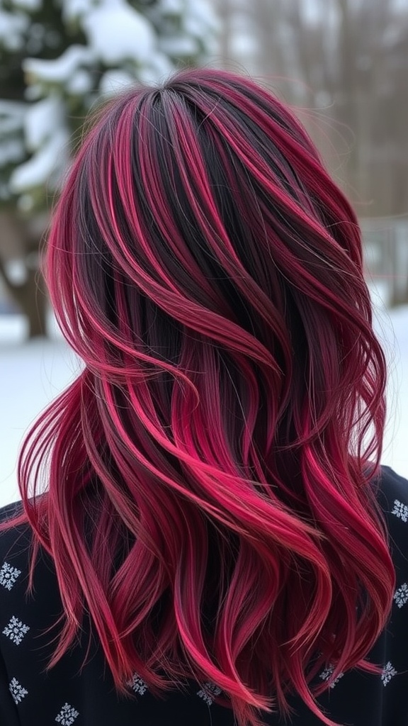 Back view of wavy hair with a berry ombre color transitioning from dark to vibrant pink.