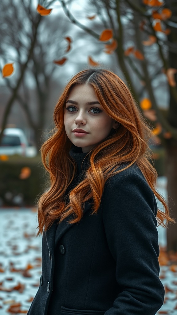 A woman with long copper hair stands outdoors in winter, surrounded by falling leaves.