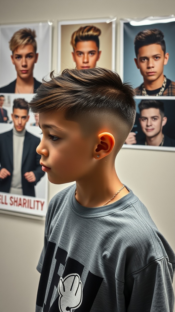 A boy with a low fade haircut, showcasing a stylish look with celebrity inspiration in the background.