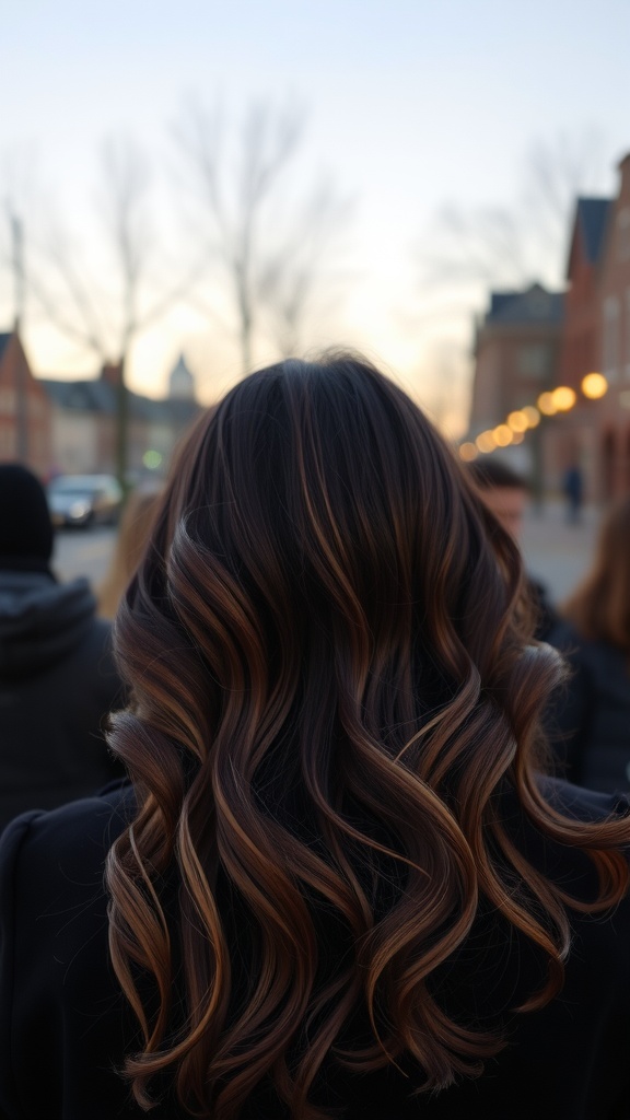 Back view of hair styled in waves with Chocolate Cherry color, showcasing deep brown and cherry tones.