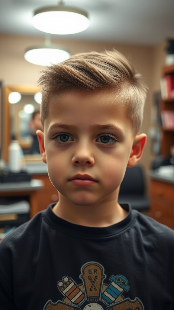 A young boy with a classic Edgar haircut, featuring shorter sides and longer hair styled on top.