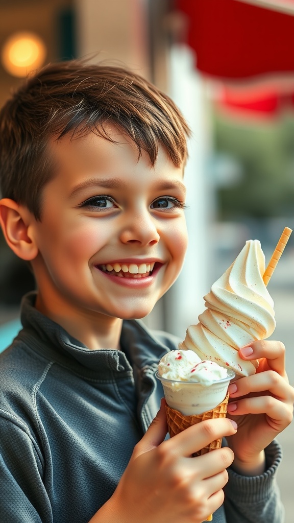 A young boy happily holding two ice cream cones, showcasing a Classic Short Edgar haircut.