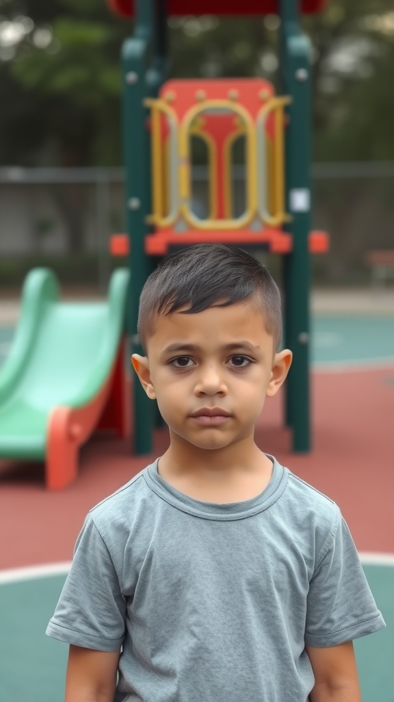 A boy with a low fade haircut and crew cut standing in front of a playground.