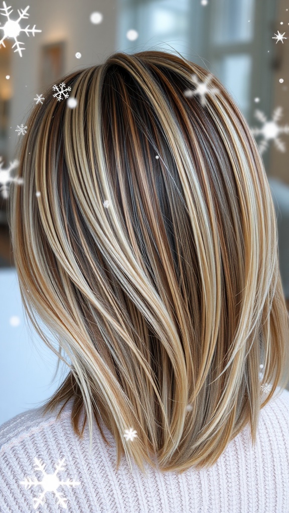 A hairstyle featuring cool ash blonde highlights, showcasing a warm winter vibe.