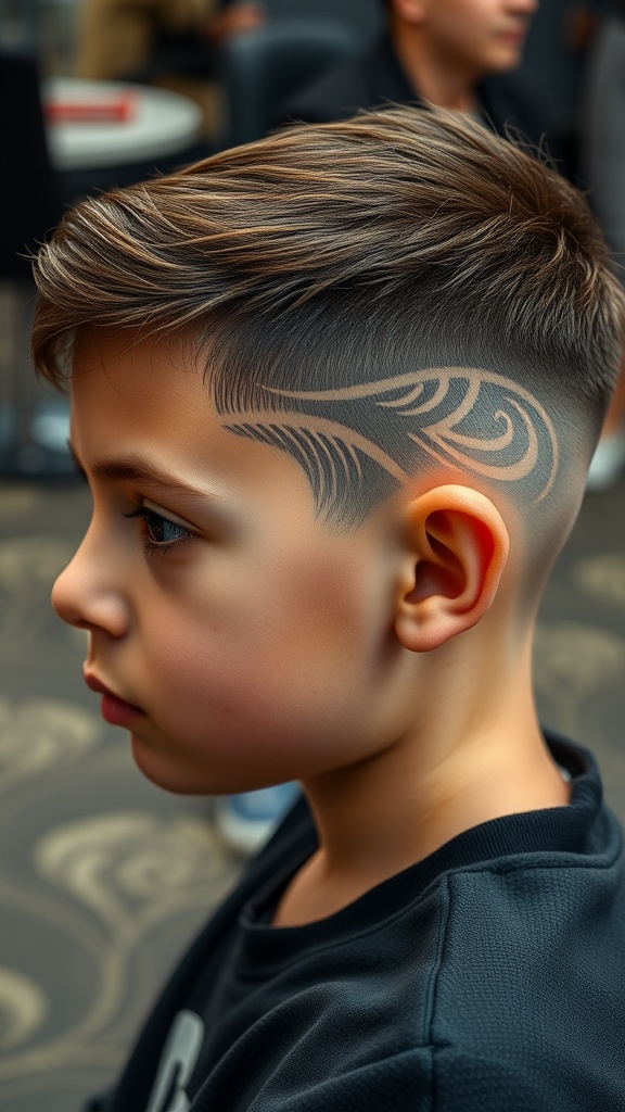 A boy with a low fade haircut featuring an artistic design etched into the fade.