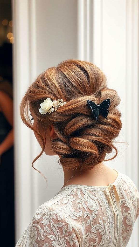 A stylish updo featuring a Butterfly Haircut, adorned with a black butterfly clip and a white flower.