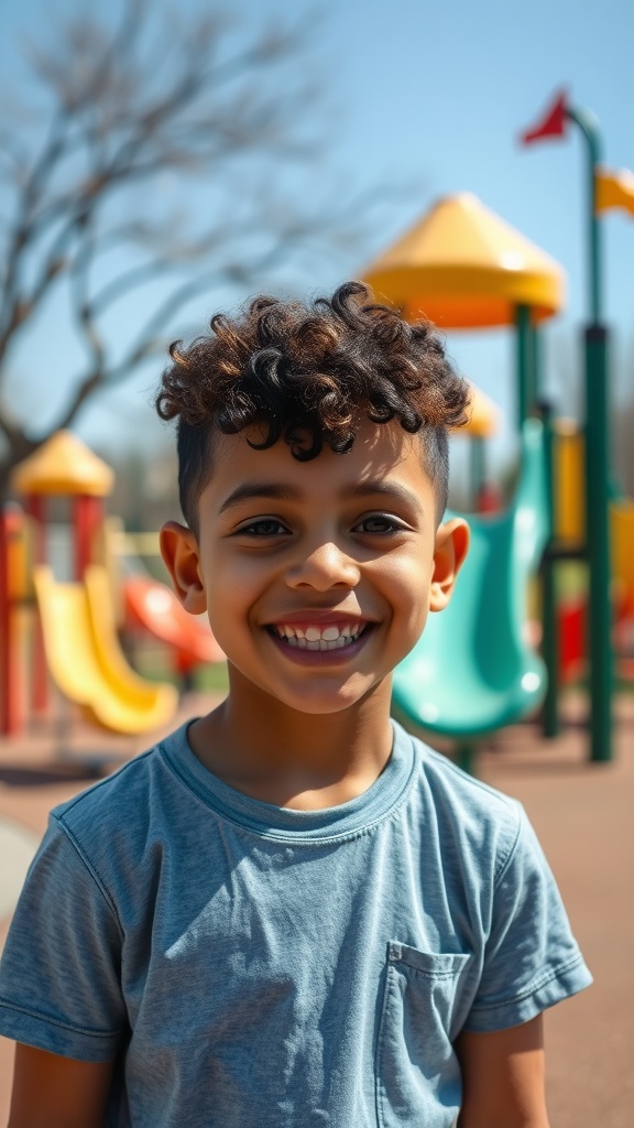 A young boy with a curly Edgar haircut, smiling in front of playground equipment.