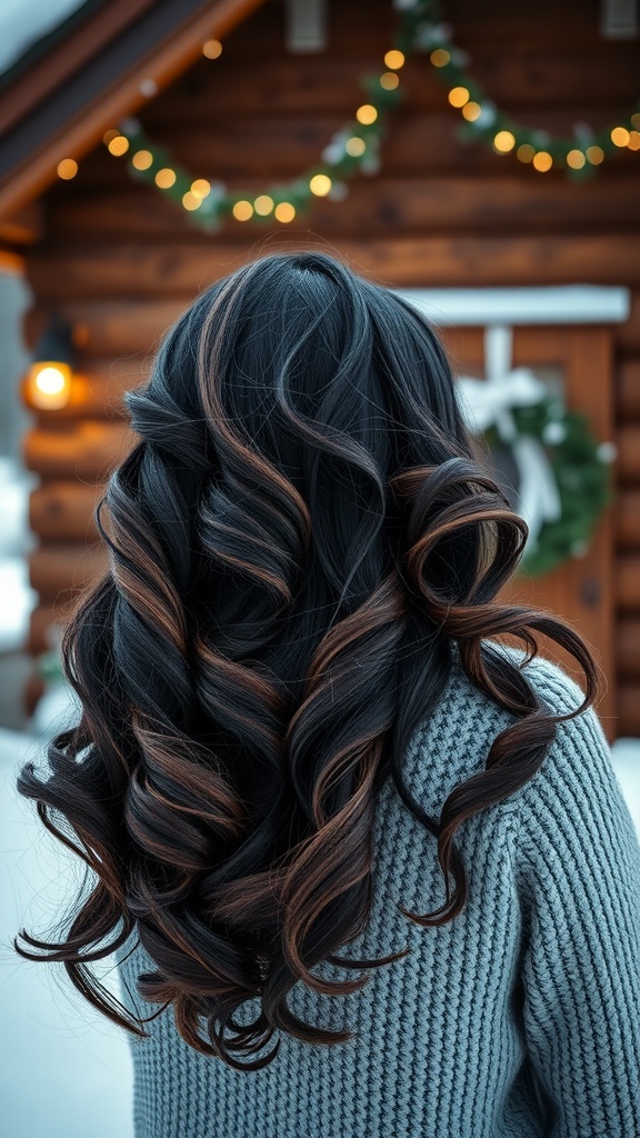 A woman with dark chocolate hair and caramel highlights, styled in loose curls, standing in front of a cozy cabin decorated for winter.