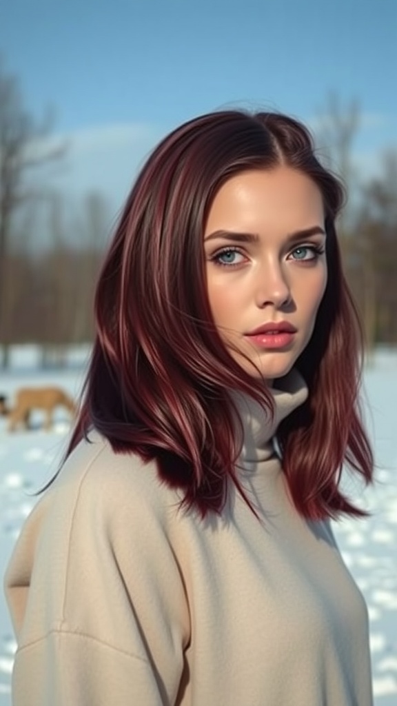 A woman with deep burgundy hair, wearing a beige sweater, standing in a snowy landscape.