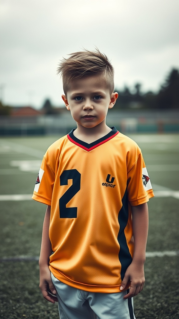 A young boy with an Edgar Blend haircut wearing a yellow sporty jersey on a field.