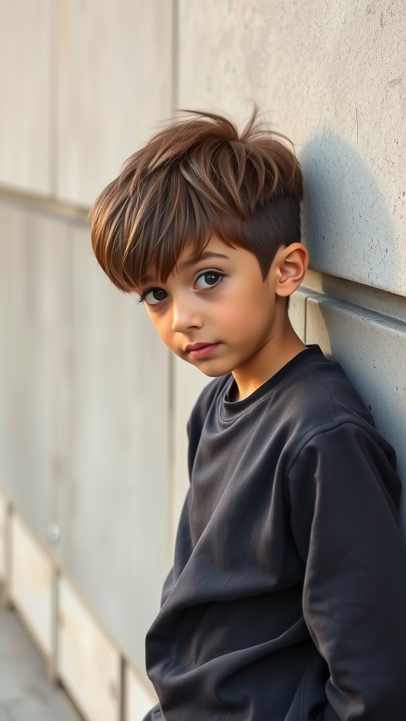 A young boy with an Edgar haircut featuring bangs, styled with short sides and longer hair on top.