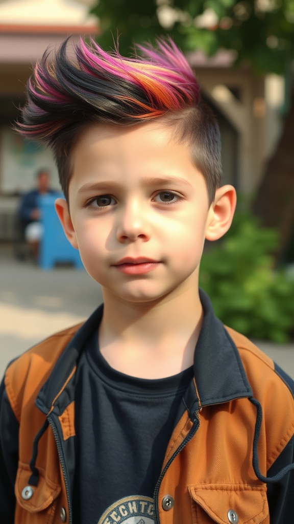 A boy with an Edgar haircut featuring vibrant pink and orange highlights.