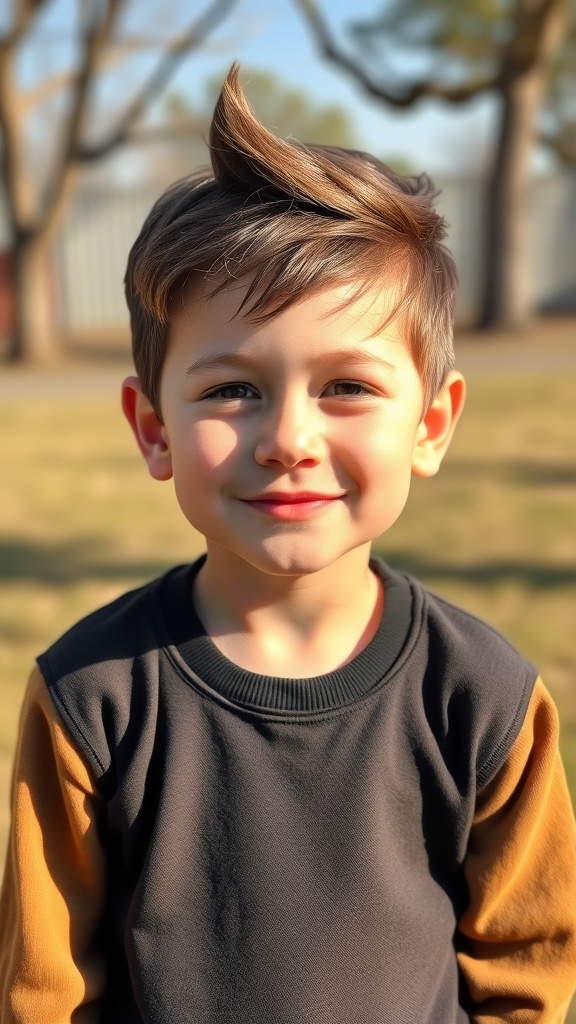 A young boy with an Edgar haircut featuring a curved fringe, smiling outdoors.