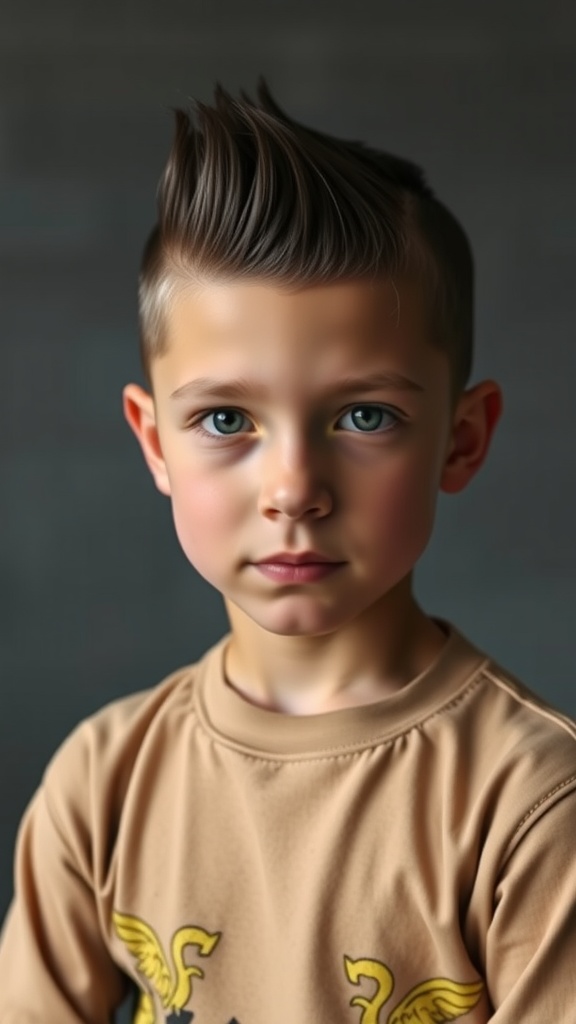 Young boy with an Edgar haircut featuring a high fade and styled top, looking stylish and confident.