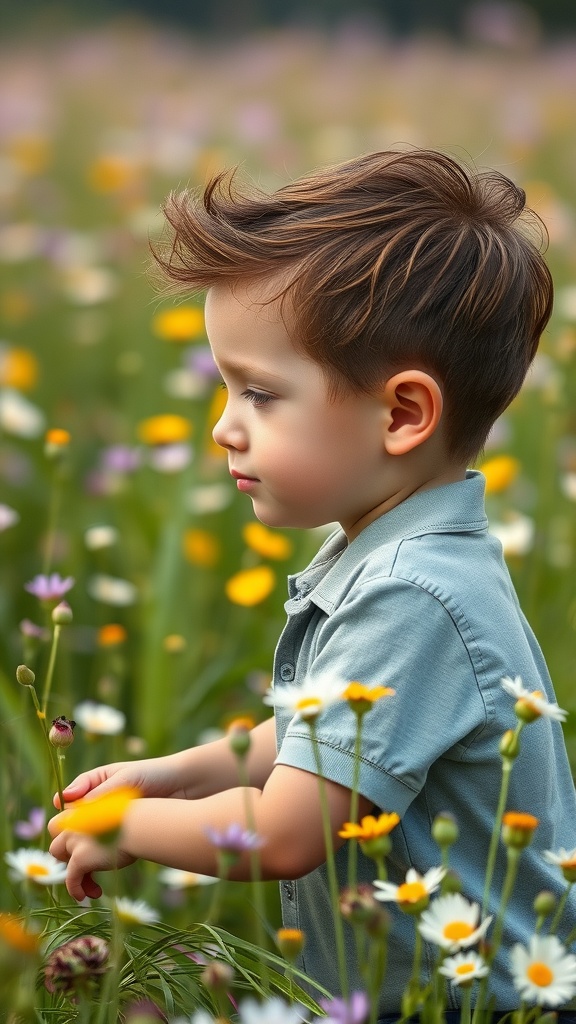 Young boy with Edgar haircut and natural texture, surrounded by colorful flowers.