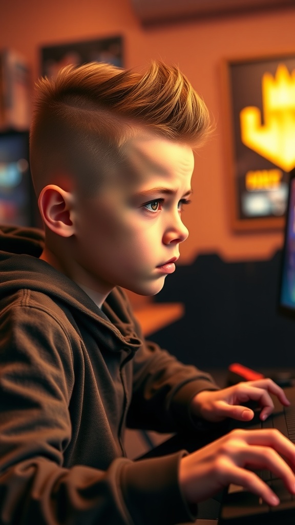 A boy with an Edgar hairstyle featuring shaved sides, focused on a computer screen.