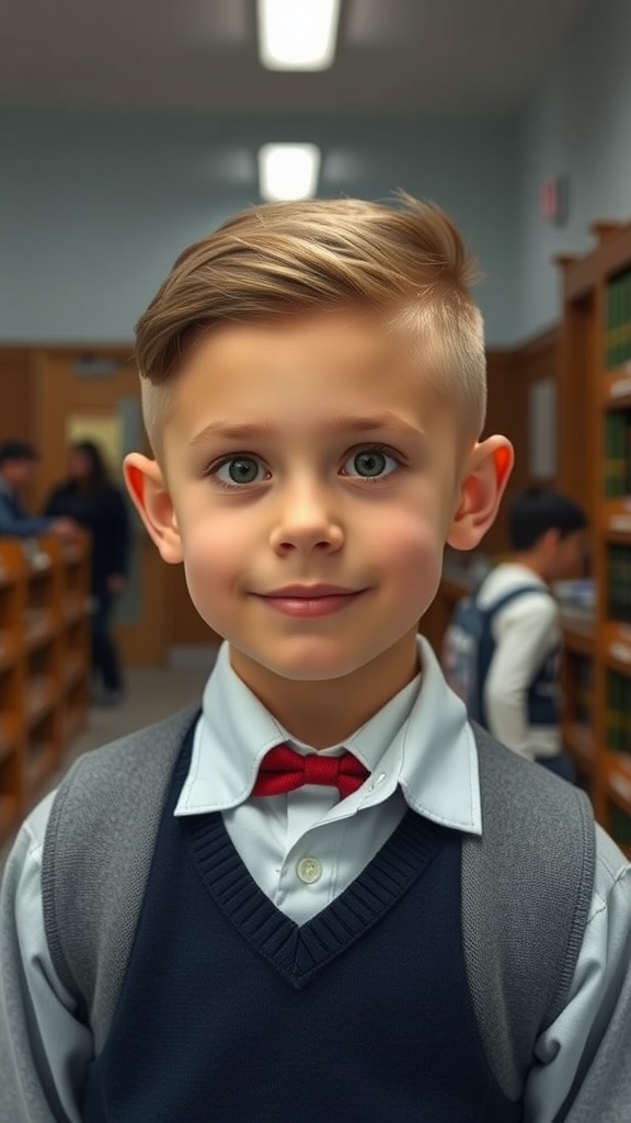 A young boy with an Edgar haircut featuring a side part, dressed in a black vest with a white shirt and a red bow tie.