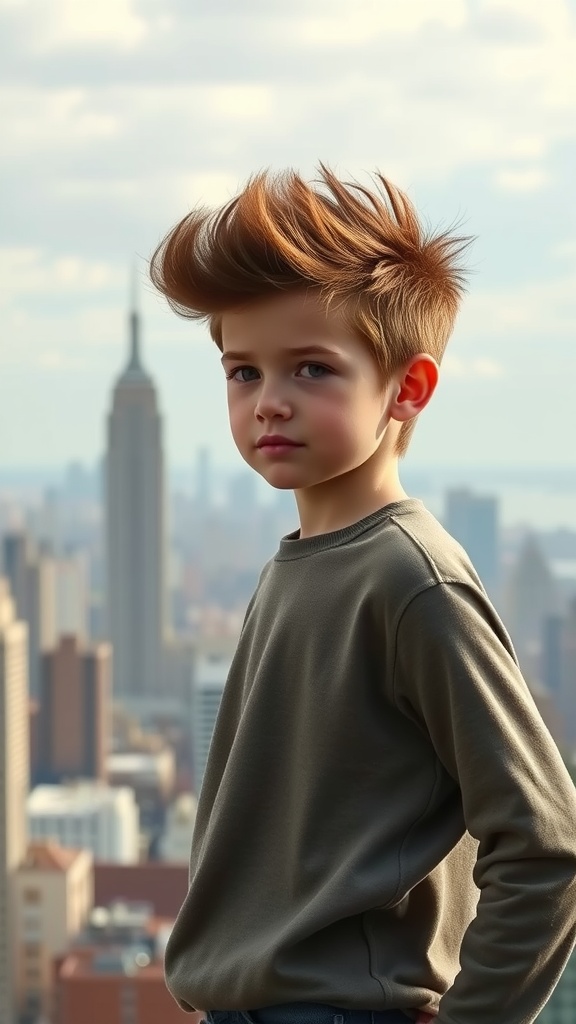 A boy with a voluminous Edgar haircut standing against a city skyline