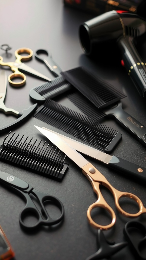 Various hair styling tools including scissors, combs, and a hairdryer arranged on a surface.