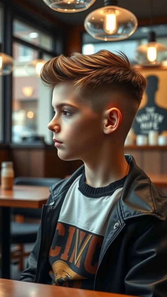 A young boy with a Fade and Hard Part Edgar hairstyle, sitting in a modern cafe.