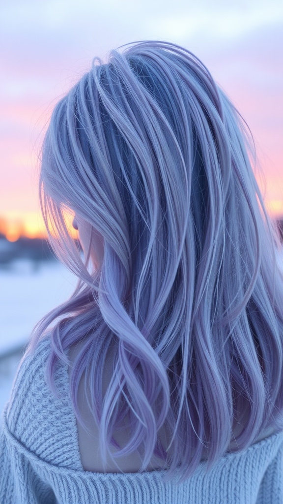 A person with frosted lavender hair, softly waving in the winter breeze, with a colorful sunset in the background.