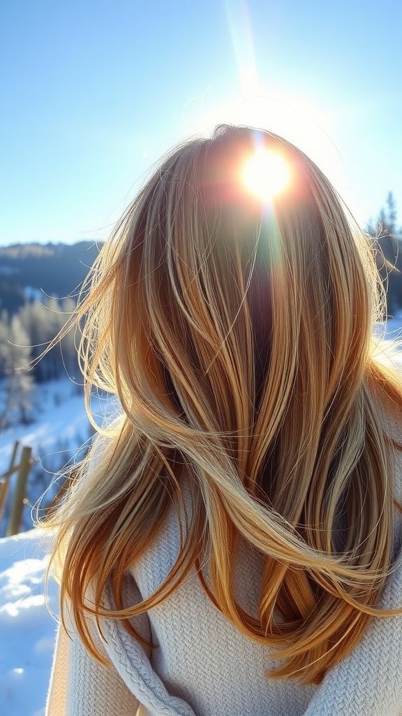 A person with golden blonde hair standing outdoors in winter, with sunlight shining through the hair.