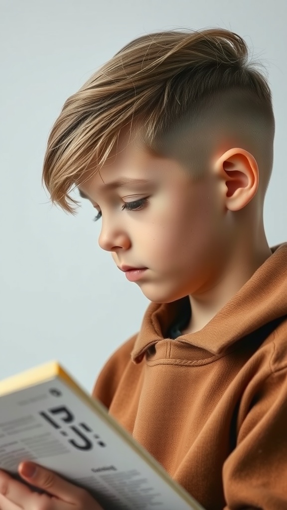 Boy with a layered Edgar haircut and fade, reading a book