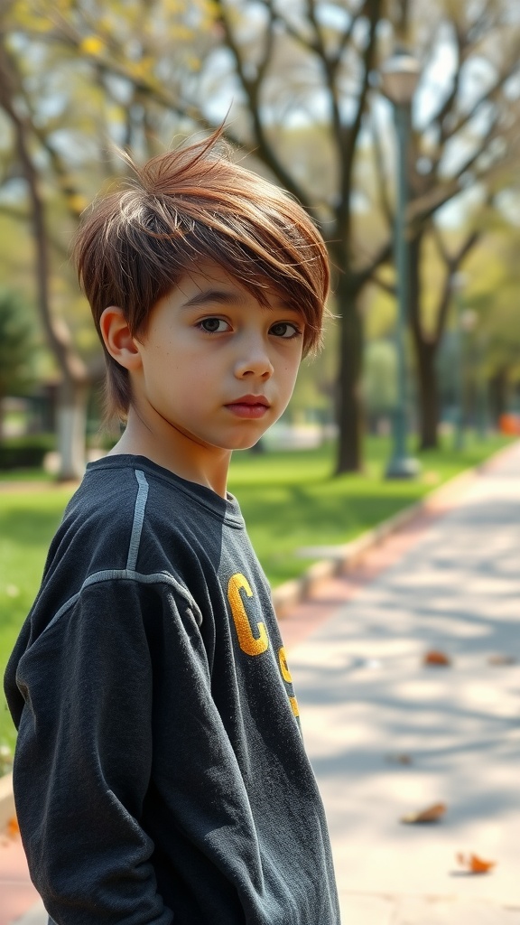 A young boy with a long Edgar hairstyle, styled with volume and texture, wearing a sweatshirt, standing in a park.