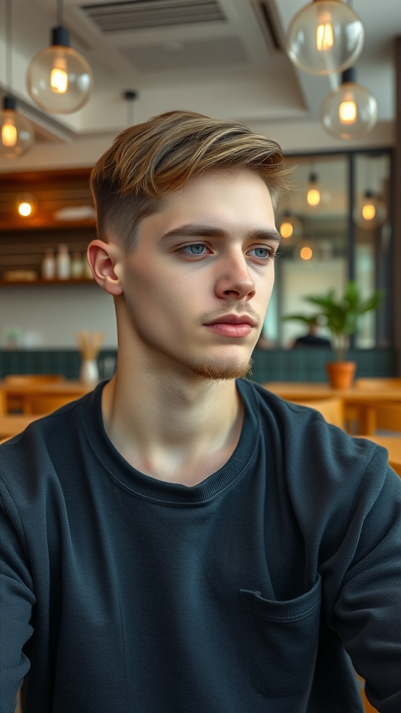 A young man with a low fade haircut and a well-groomed beard, seated in a bright cafe.