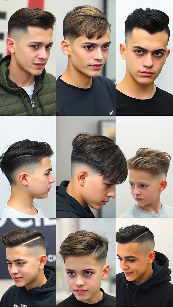 Collage of boys with different styles of low fade haircuts, showcasing various hair types.