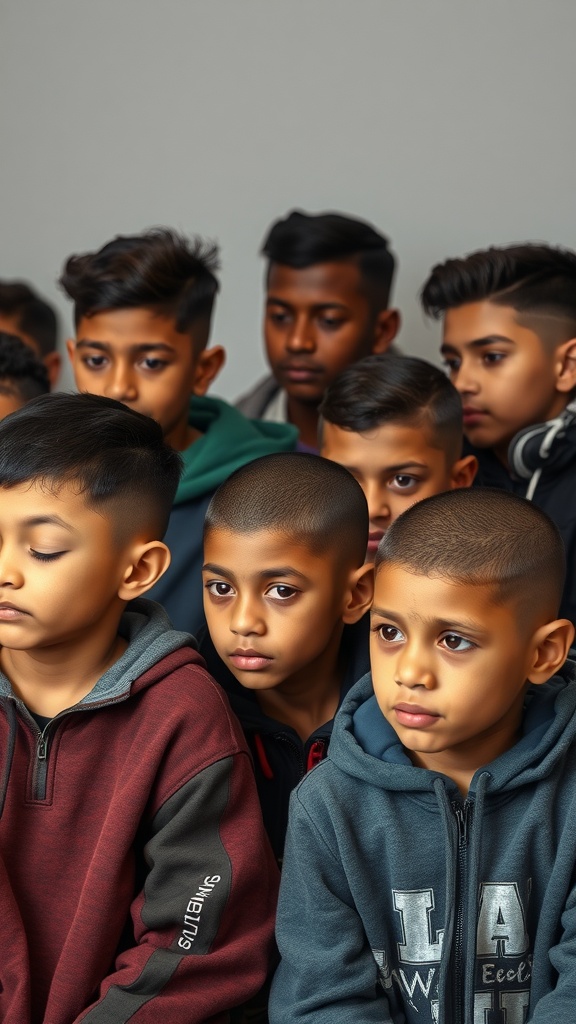 A group of boys with various low fade haircuts, showcasing different styles and expressions.