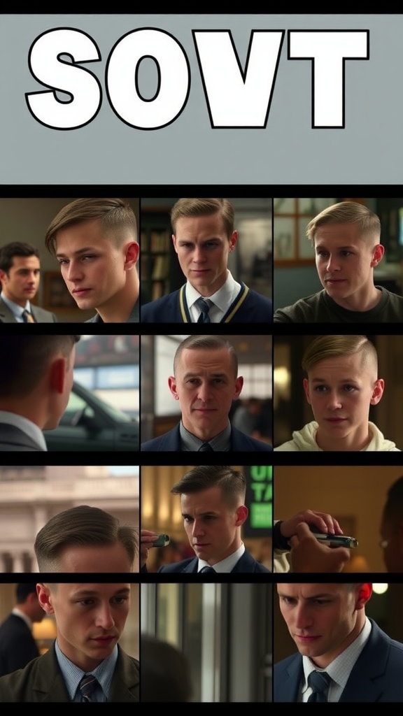 Collage of young boys and men with low fade haircuts in various settings.