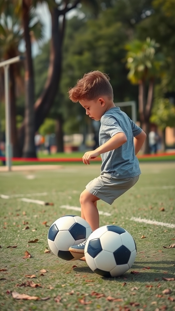 A young boy with a low fade haircut playing soccer on the field.