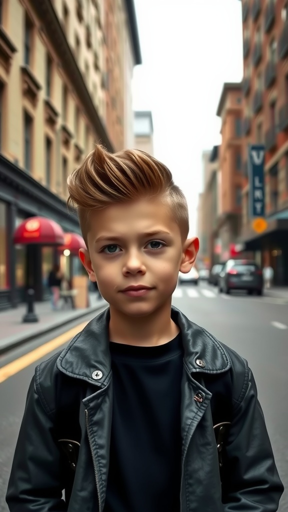 A young boy with a low fade haircut and pompadour hairstyle, standing confidently on a city street.