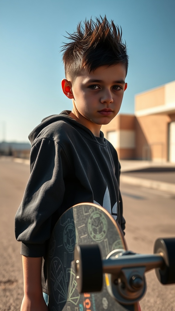 A boy with a low fade haircut and spiky hair, holding a skateboard.