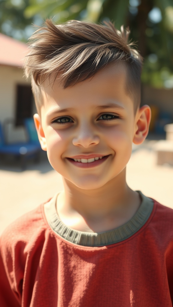 A young boy smiling, showing a low fade haircut with a textured top, standing outdoors.