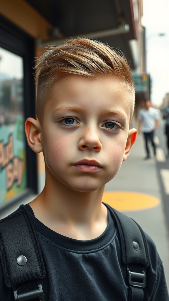 A young boy with a low fade haircut and undercut, looking stylish on the street.