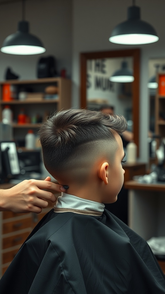 A boy receiving a low fade haircut at a barbershop