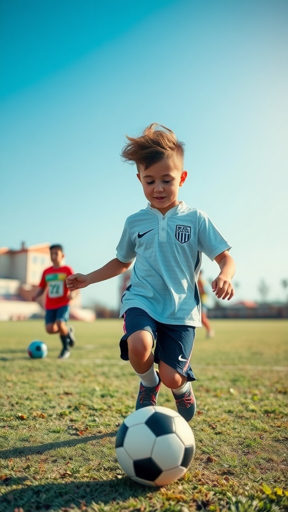 A boy with a messy Edgar haircut playing soccer outdoors.