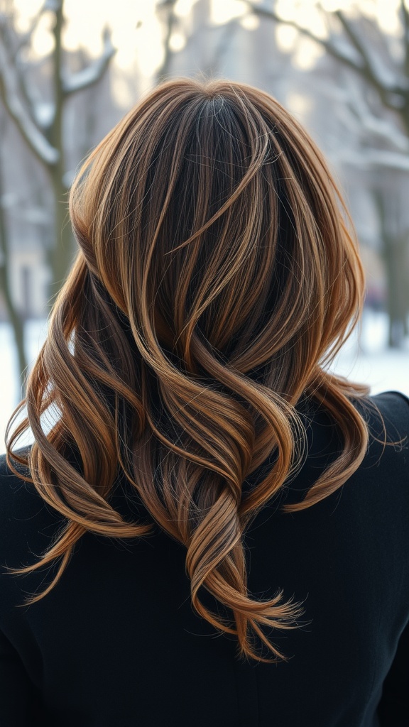 Back view of hair styled with soft waves in a muted caramel color, set against a winter landscape.