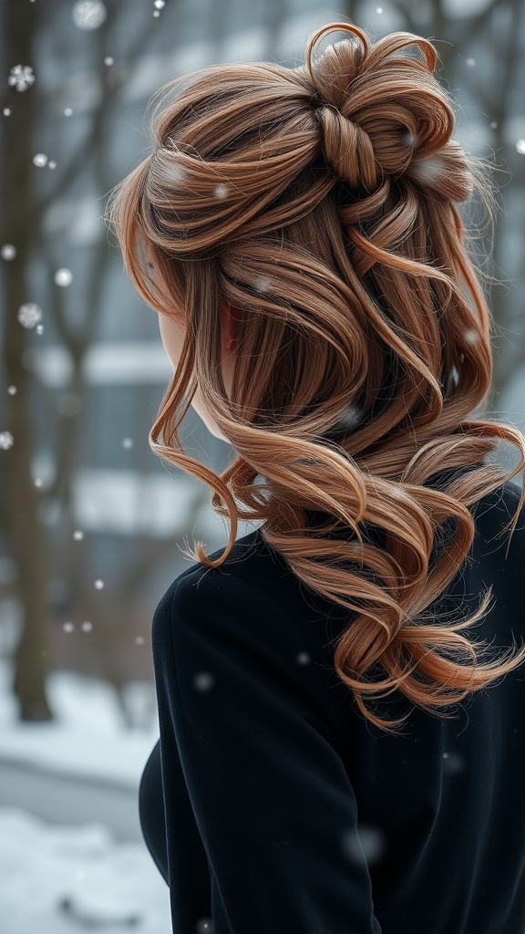 A beautiful hairstyle featuring muted rose gold hair color with flowing curls and a half-up style, set against a snowy background.