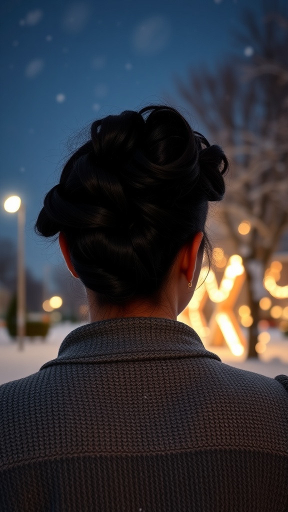 A woman with natural black hair styled in an elegant updo, standing against a wintery backdrop with soft lights.