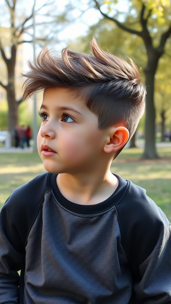 A boy with a Natural Waves Edgar haircut, showcasing styled wavy hair with short sides.