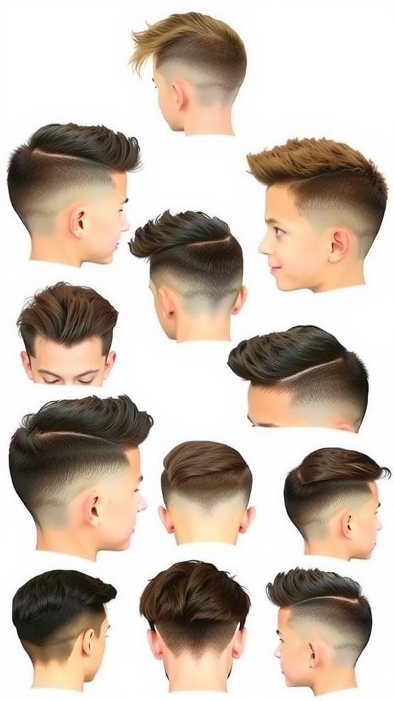 A collage of various low fade haircut styles for boys, showcasing different lengths and textures.