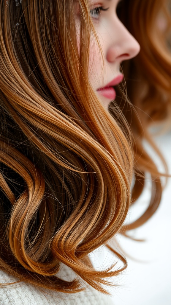 A close-up image of a woman with rich chestnut brown hair, styled in soft waves.