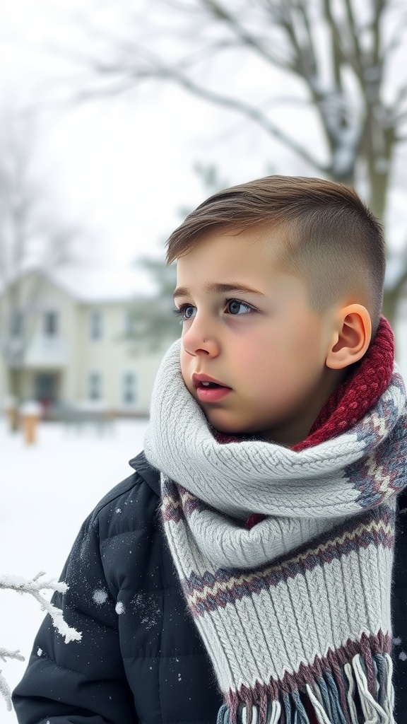 A young boy with a low fade haircut, wearing a grey scarf and a black jacket in a snowy outdoor setting.