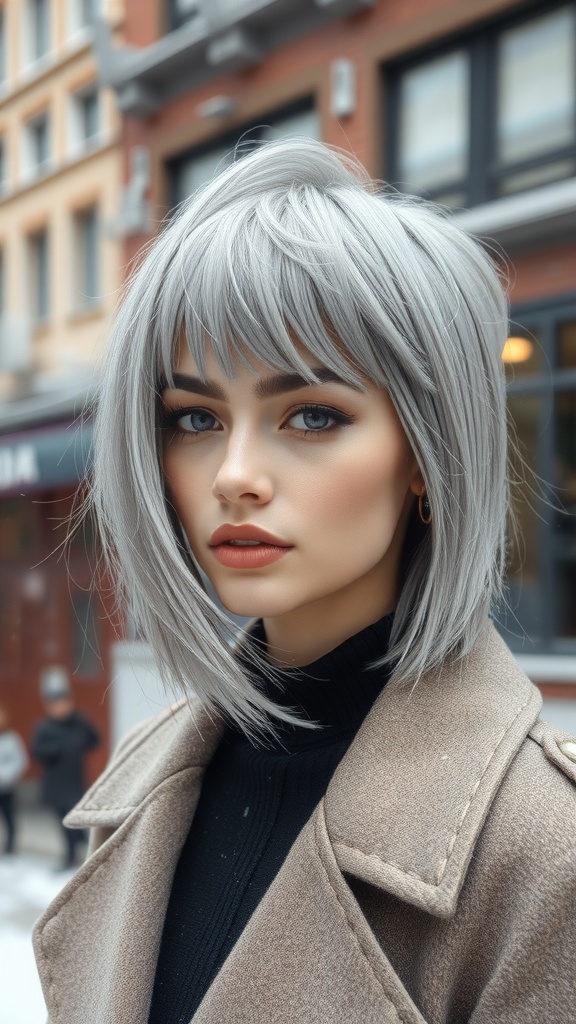 A young woman with a modern silver grey hairstyle, wearing a beige coat and black sweater in a winter setting