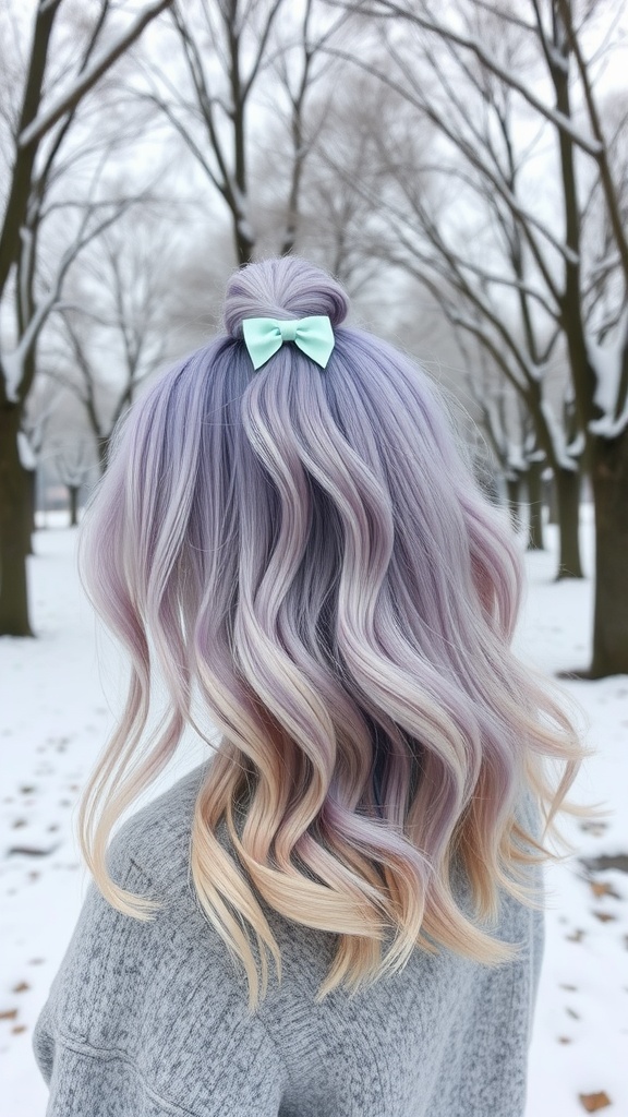 A woman with pastel lavender and peach hair styled in gentle waves, adorned with a mint green bow, standing in a snowy park.