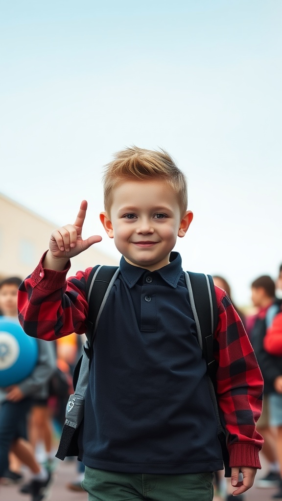 A young boy with a spiky top Edgar haircut smiling and holding up one finger.